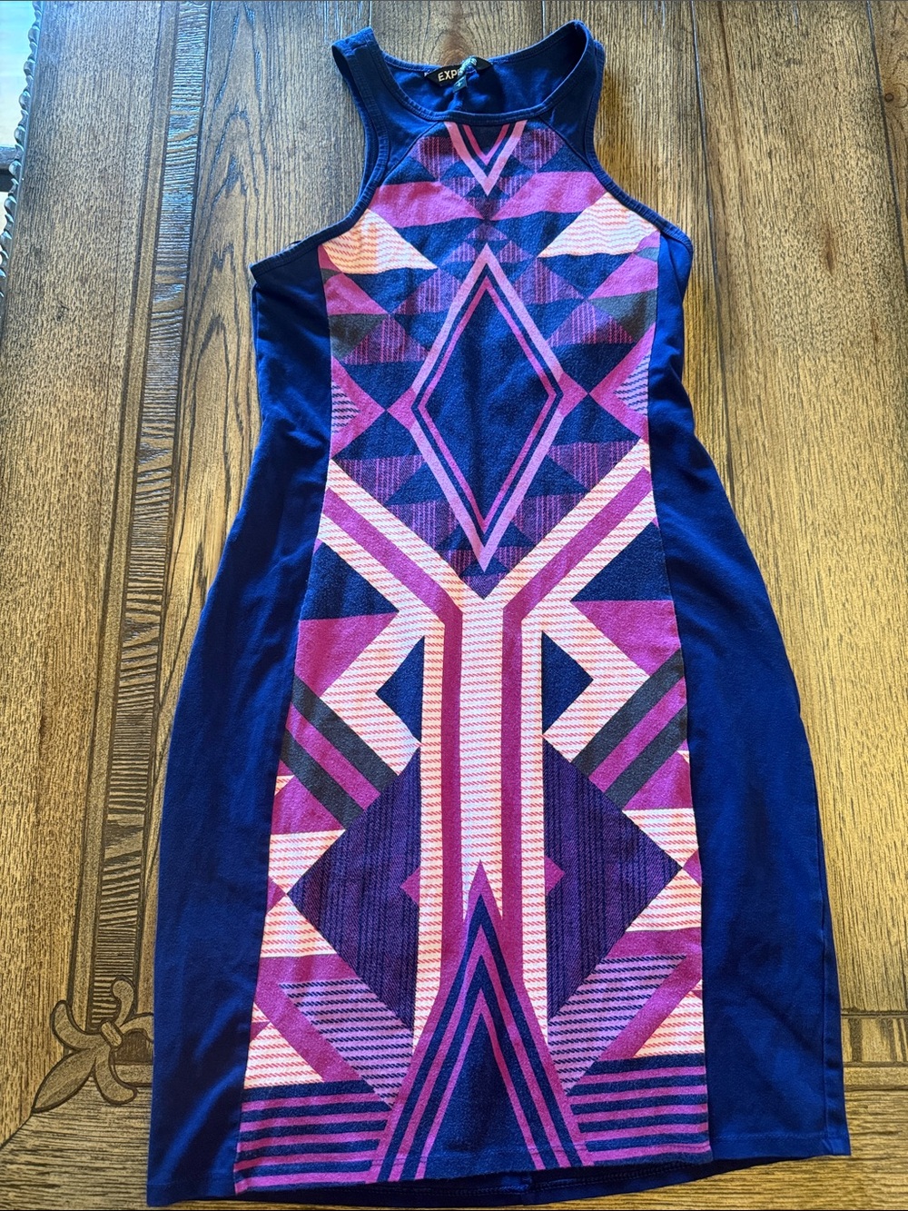 Express Navy and Purple Geo-Print Tank Bodycon Dress